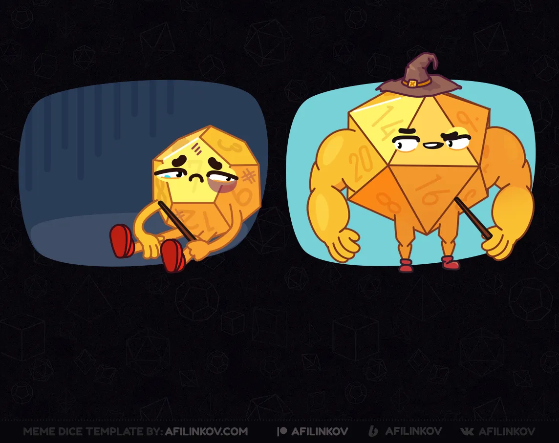 d12, d20, wizards, wand, hat, doge, buff doge, cheems, sad, weak vs strong, magic, contrast, dnd meme